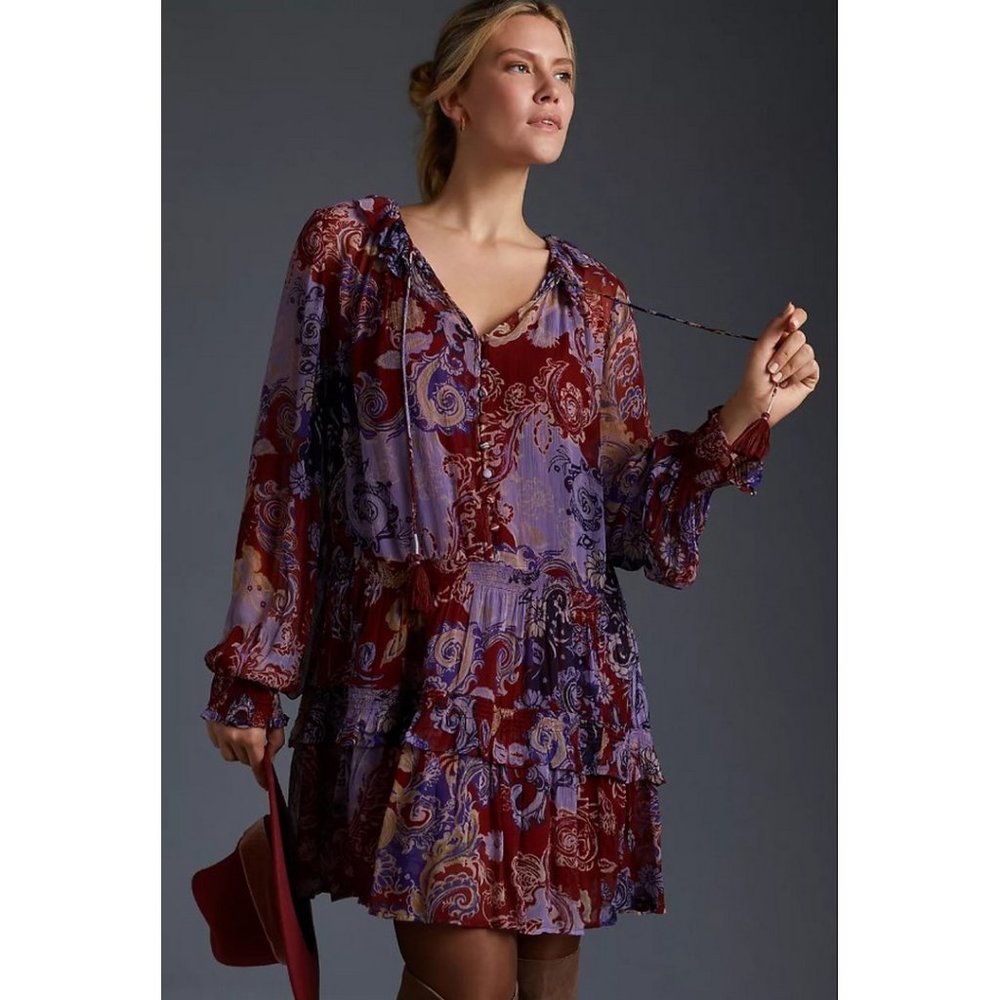 NWT ANTHROPOLOGIE | The Marais Printed Chiffon Mini Dress Tasse Neck Size XS